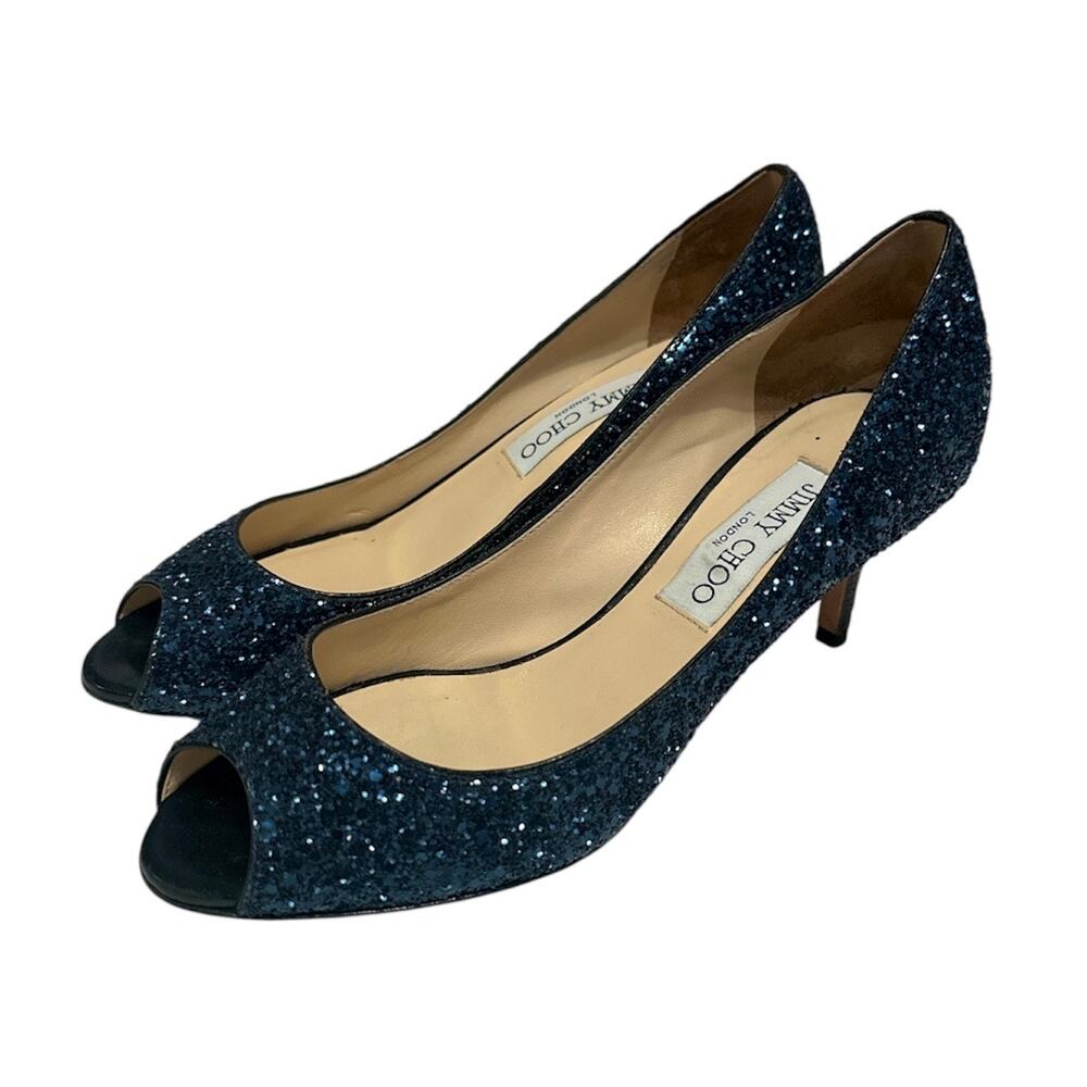 Vintage Jimmy Choo Blue Glitter Leather 'Isabel' Peep
Toe Heel Pumps